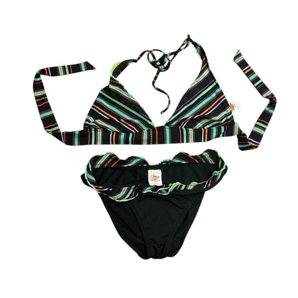 Lucky Brand bikini Set L Top S Bottom halter triangle striped fringe swimsuit